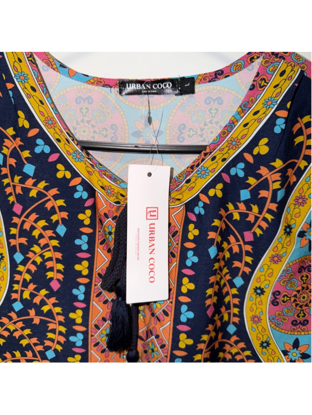 Women's Bohemian Neck Tie Urban Coco Mini Dress L Blue Pink Boho Print New NWT - Picture 5 of 14